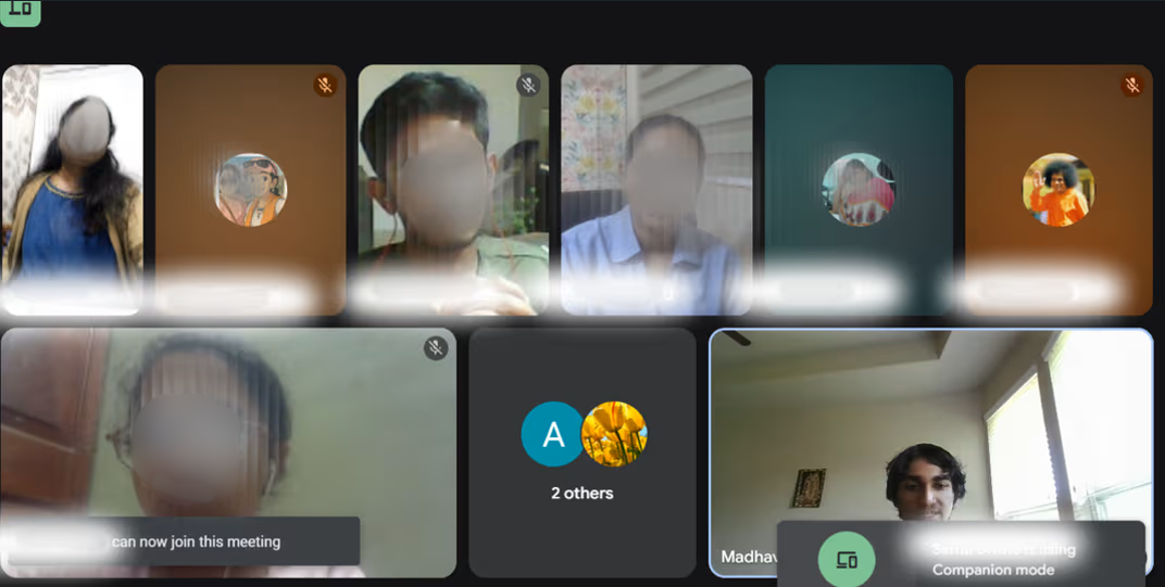 Virtual meeting grid showing India Pilot Program participants with Madhavan facilitating
