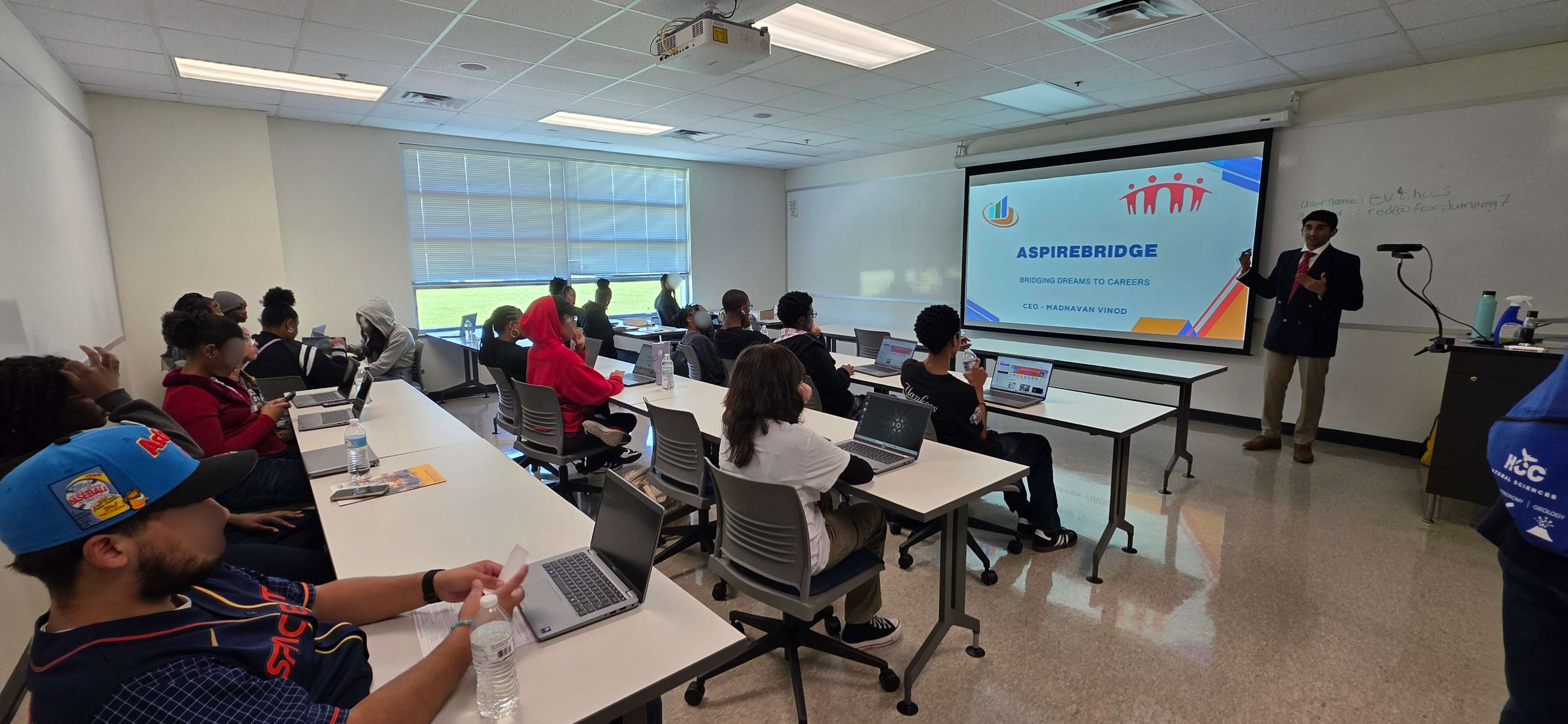 Students attending AspireBridge presentation at Houston Community College Codefest