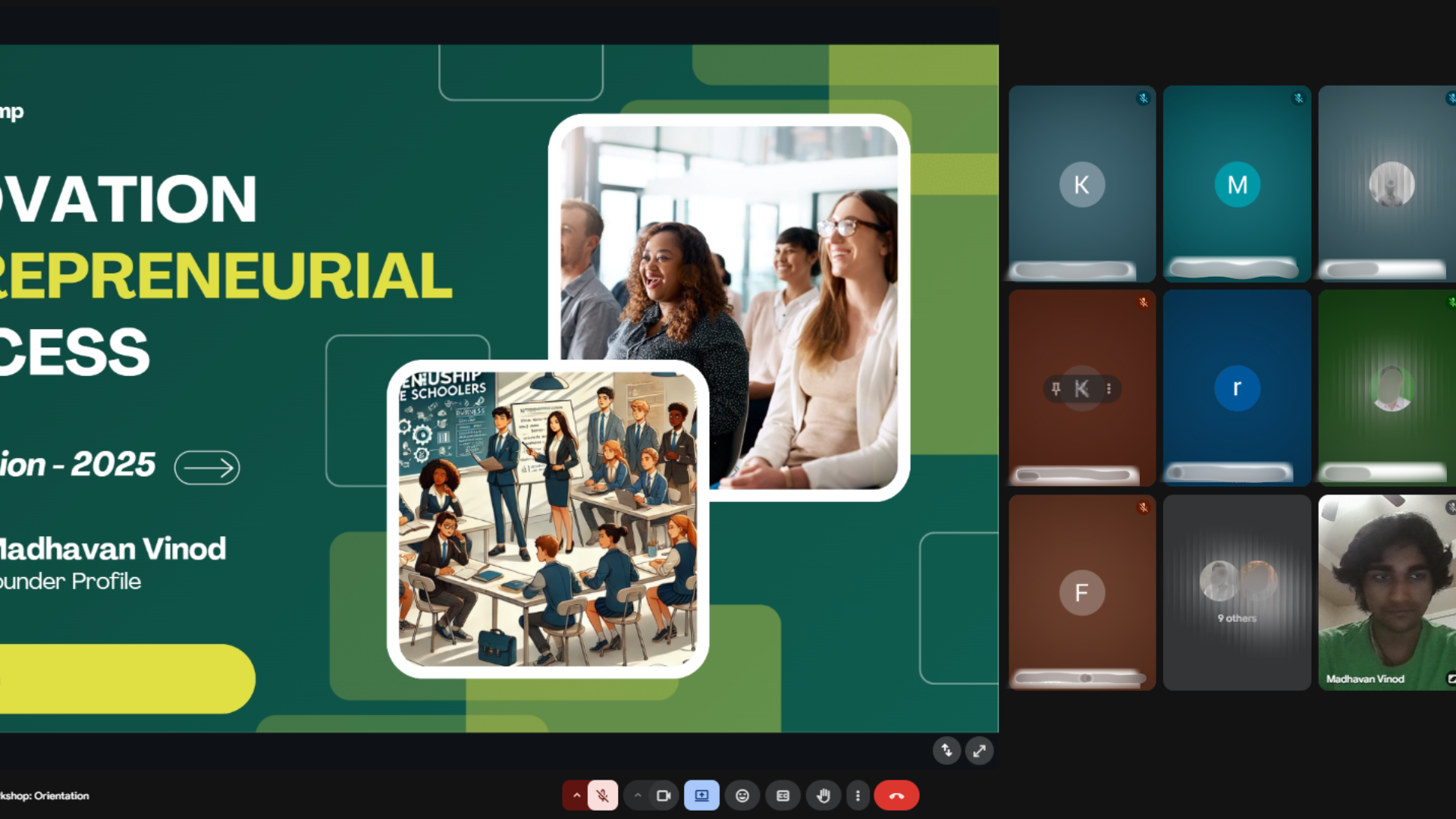 Virtual workshop presentation showing educational concepts and graphics for Agastya program
